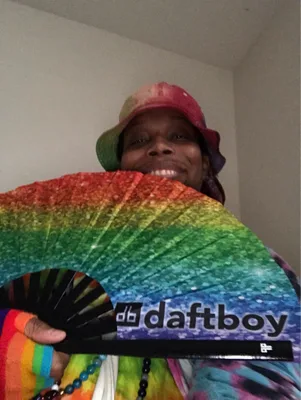 Customer photo of Rainbow Sparkles Print Pride Bamboo Folding Hand Fan / Clack Fan - Large by Joseph Torphy J.