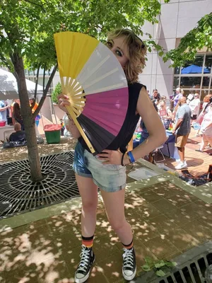 Customer photo of Nonbinary Pride Bamboo Folding Hand Fan / Clack Fan - Large by Zee L.