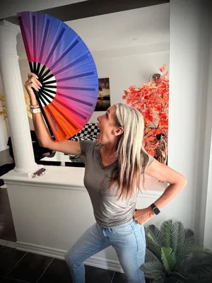 Customer photo of Sunset Ombré Rave Bamboo Folding Hand Fan / Clack Fan - Large by Gary B.